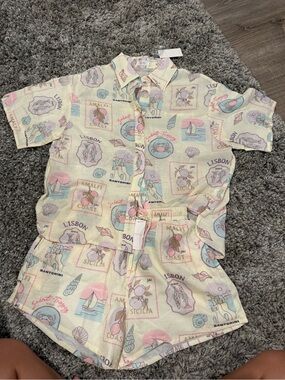 Pastel Coastal Print Button-Up Shorts Set